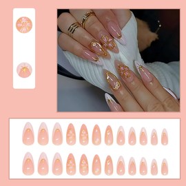 BQZQPAMZ White French Tip Press on Nails Gold-Stamped Pink Flower Fake Nails Medium Almond Shaped With Glue Reusable Full Coverage Acrylic Nails for Women DIY Spring Glossy Manicure Supplies