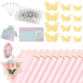 20 Sheets Flower Wrapping Paper Bouquet Wrapping Paper Waterproof with 10 Pcs Greeting cards, 12PCS 3D Gold Butterfly Decor, 50 pearl pins and 24 Yards Satin Ribbon for Wedding DIY Craft Birthday Party Pink
