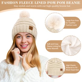 Bequemer Laden Womens Winter Hats Scarf Gloves Set, Warm Fleece Lined Beanie with Pom Poms Long Scarves Touchscreen Gloves for Women Cold Weather Gifts