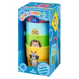 moses. Play Bucket Stacking Set for Bathing and Splashing, Bath Toy, 4 Colourful Buckets with Handles and Hole Pattern, Mini Bucket for Playing in Water and Sand, (38151)