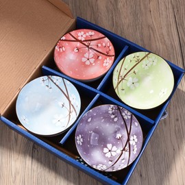 BOSILI Japanese Rice Bowls and Chopstick Set of 4 with Delicate Box Ceramic Sushi Bowls for Dessert Snack Cereal and Soup Includes Four Colors
