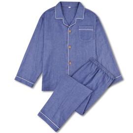 J&Y Men's Pajamas, Autumn and Winter, 100% Cotton, Brushed, Viella, Double Layer, Gauze, Seersucker, Front Opening, Men's Pajamas, Top and Bottom Set, Sweat Absorbent, Breathable, Skin-friendly