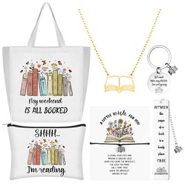 Youdaju Book Lovers Gifts for Women Mother's Day Gifts 7 Pcs Bookish Gifts with Canvas, Book Tote Bag, Makeup Bag, Book Necklace, Bookmarks, Keychain, Bracelet Wish Card for Bookworm Teacher Librarian
