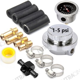 HTRACING 1-5 PSI Fuel Pressure Regulator with Gauge Adjustable Manual Universal for Carburetor Carb Zinc Alloy FPR with 8MM 10MM (5/16" 3/8") Hose Fittings