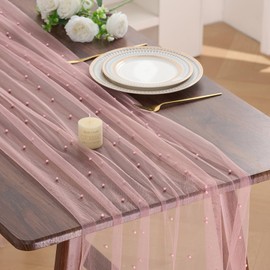 Pearl Table Runner Tulle 120 Inch 10FT Summer Sheer Gauze Dining Wedding Birthday Party Baby Shower Bridal Anniversary Holiday Table Decor for Home Party (Dusty Pink, 30" x 120")