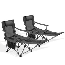 MoNiBloom Portable Folding Reclining Camping Chair with Foot Rest for Adults Outdoor Beach Hiking Fishing Lounge Recliner Camp Chair with Headrest Footrest Cup Holder Side Pocket (Black, 2-Pack)