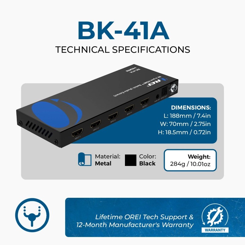 OREI 8K 4-port HDMI™ Switch (Audio Extract) (BK-41A)