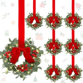 Hoteam 8 Pcs Mini 9 Inch Mini Christmas Cabinet Wreath with Light Red Bows Eucalyptus Cedar Norfolk Pine Needle Artificial Pine Red Berry Kitchen Winter Decor Rustic Holiday Garland for Home Shelves