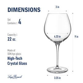 Luigi Bormioli Crescendo 22.25 Ounce, Bourgogne Wine Glasses, Set Of 4, Crystal SON-hyx Glass, Made In Italy.