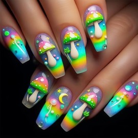 Mushroom Press on Nails Coffin Medium Fake Nails Gradient Color Glue on Nails Glossy Acrylic Artificial Nails French Tip Summer False Nails Full Cover Stick on Nails for Women Girls 24 Pcs