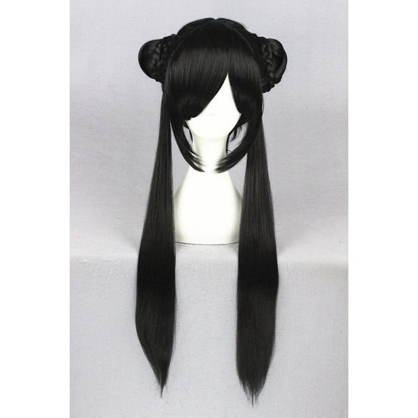 Prettybuy 31" Synthetic Black Hair Short Straight Hair Wig with Bangs Two Hair Buns Lolita Style Cosplay Wig Heat Resistance Fiber Wig for Daily Use, Cosply, Parties and Halloween