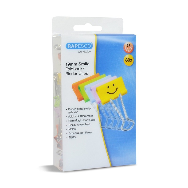 Rapesco 1428 19mm Smile Foldback Clips, Assorted Colours, Pack of