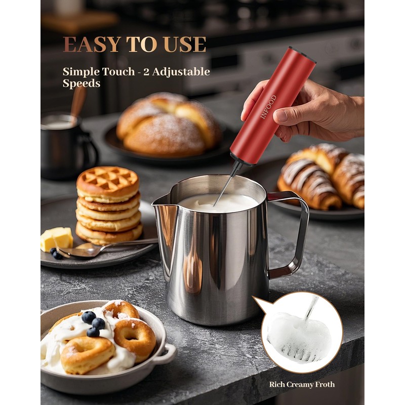 INFOOD Milk Frother Rechargeable with Cover - Coffee Frother Wand,