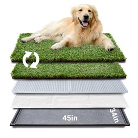 HQ4us Dog Grass Pad with Tray Extra Large 45”×34” Dog Litter Box Toilet with 2×Artificial Grass for Dogs with Hemmed Edge, Pee Pads for Dogs, Realistic, Less Stink, Potty for Balcony