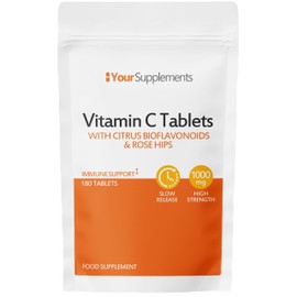 Vitamin C Tablets 1000mg | 180 Slow Release Tablets | with Bioflavonoids & Rose HIPS | Natural Immune Support | One A Day
