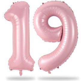 19th Birthday Balloon for Girls, 40 Inch Pastel Pink Number 19 Foil Balloons Self Inflating, Big Mylar Helium Light Pink 19 Balloons for Women Birthday Decor Anniversary Party Decorations Supplies