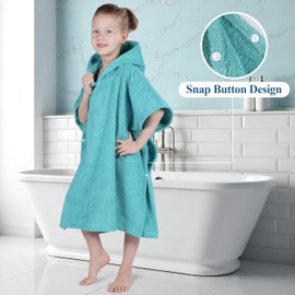 Superior Kids Cotton Terry Poncho, Soft, Absorbent Bath Towel with Hood, Bathroom Accessories, Long, Plush Bathrobes for Bath, Shower, Spa, Resort, Hotel, Beach, Pool, Boy, Girl, Large Size, Teal