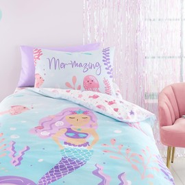 Bedlam - Mermaid Duvet Cover - Single Bedding Size (200 x 140cm) - Reversible (2 Designs) - Ocean Sea Animals Duvet Cover for Girls - Mermaid Bedding for Girls - Mermaid Bedroom Decor