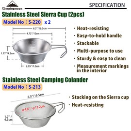 CAMPINGMOON 2pcs Set Stainless Steel Camping Sierra Cup 310ml with 1pc Colander S-220-2P/S-213