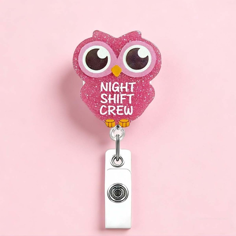 Cute ID Badge Reel Pink Owl Badge Holder with 360°Claw
