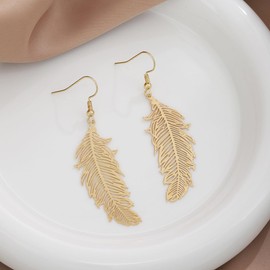 Vintage Gold Plated Metal Feather Earrings Bohemian Dangle for Women Statement Jewelry Gifts Lightweight Retro Leaf Accessories Charms, Medium, Metal, No Gemstone