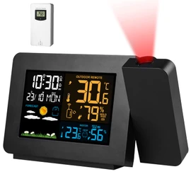 KOCASO Upgraded Projection Weather Alarm Clock Atomic Projection Alarm Clock Night Light Clock Radio Control Clock Wireless Temperature Humidity Sensor WWVB Function Dual Alarms Snooze for Bedroom