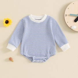 HZPHQY Newborn Baby Girl Boy Long Sleeve Bubble Romper Onesie Infant Waffle Stripe Bodysuit Autumn Outfit (A Blue Stripe, 0-3 Months)