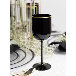 PLASTICPRO Juego de 5 copas de vino de plástico con borde dorado, copas de vino de plástico duro en tallo de 12 onzas