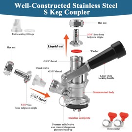Dbgogo All Stainless Steel S Type Keg Coupler, European Sankey S Keg Coupler Keg Tap Dispenser for I.D 5/16” Draft Beer Line Gas Brewing Tubing European Keg Coupler S Type with Hose Clamp