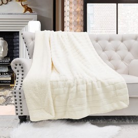Home Soft Things Super Mink Faux Fur Throw, 50'' x 60", Antique White, Luxurious Fluffy Cozy Elegant Throw with Sherpa Backing Fuzzy Throw for Couch Living Room Bedroom Home Décor