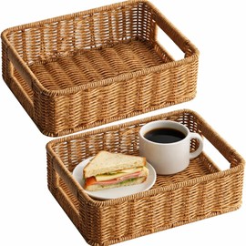 2 Pack Faux Rattan Serving Trays with Handles, Brown Plastic Woven Storage Baskets, Decorative Organizer Trays for Kitchen Pantry Bathroom, Coffee Table Snack Tray, 10.2 x 7.5 x 3.1 in