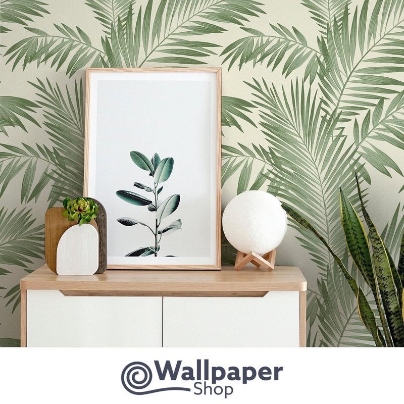 Tropical Palm Tree White Green Wallpaper - Leaves Botanical Naturistic