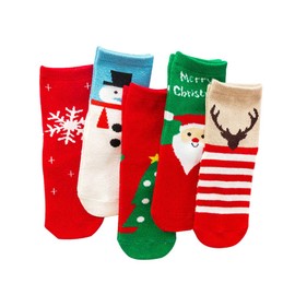 5 Pair Kids Christmas Socks Winter Warm Socks with Cotton Christmas Element Pattern Christmas Party Favors Gifts Red Size S