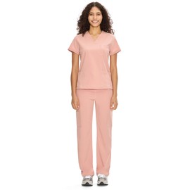 COZYFIT Scrubs for Women Set Medical Uniform - V-Neck Top & Straight Leg Pants with 9 Pockets, Wrinkle-Resistant Unisex Workwear, Pink, M