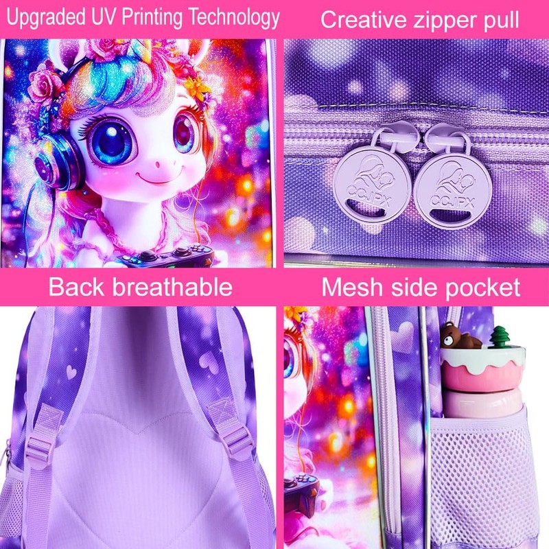 KLFVB 3PCS Girls Unicorn Backpack, Water Resistant Kids Bookbag with