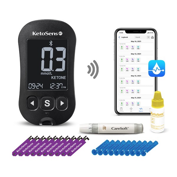 KetoSens Blood Ketone Monitoring Starter Kit with Bluetooth - Ideal for Keto Diet. Includes Meter, 10 Ketone Test Strips, 1 Control Solution Vial, 1 Lancing Device, 10 Lancets & Travel Case