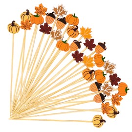 Cocktail Picks 100PCS Fall Pumpkins Maple Leaves 4.7 Inch Fancy Bamboo Appetizer Toothpicks Party Supplies Decorations Fruit Skewers for Fall Thanksgiving Day (FALL)