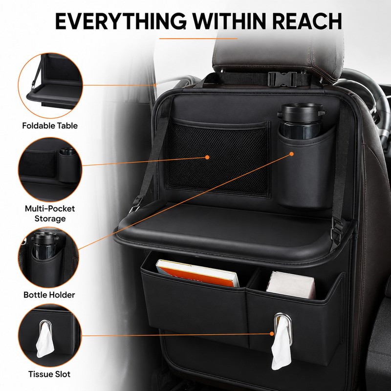 Foldable Leather Car Seat Back Organizer With Table for Rear-Seat