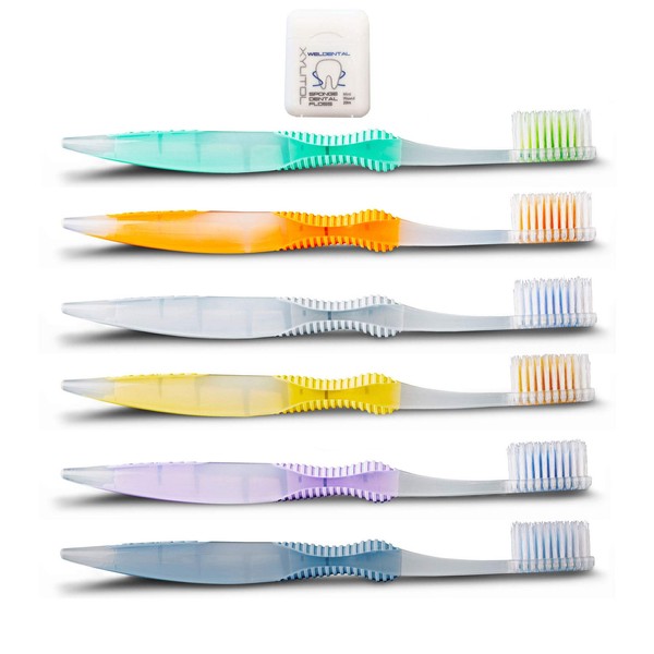 Sofresh Flossing Toothbrush 6 Variety Adult Soft Bundle with Xylitol Dental Floss