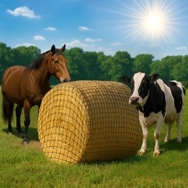 NETYSAY Round Bale Hay Net for Horses, 5x5 ft Knotless Slow Feed Hay Net Feeder for Livestock, 2.0" Holes, Encourages Slower Eating, Fits 4x5 ft and 5x5 ft Round Bales, 3x3x8 to 4x4x8 ft Square Bales