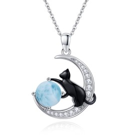 TwoAnts Black Cat Pendant Necklace - 925 Sterling Silver Crescent Moon With Larimar - Cute Animal Jewelry Gifts for Women and Cat Lovers
