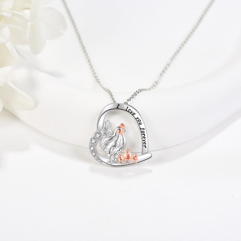 ONEFINITY Chicken Necklace 925 Sterling Silver Hen and Child Pendant