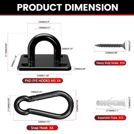 sprookber 304 Stainless Steel Pad Eye Snap Hooks, M5 Heavy Duty Ceiling Hooks, 500 lb Capacity Hammock Swing Hanging kit, Plant Hangers, Marine Hardware Staple Hook Loop with Screws, Set of 8(Black)