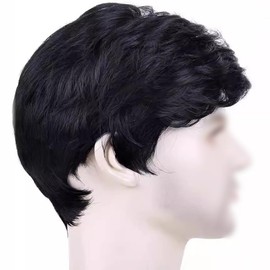 GSHLLO Mens Short Black Wig Daily Costume Wig Short Hair Replacement Wig Men Fancy Dress Wig Fluffy Cosplay Wig Layered Synthetic Wig Halloween Costume Party Wig