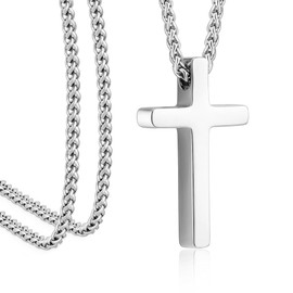 Cross Necklace for Men, Silver Stainless Steel Cross Pendant Necklace for Men Wheat Chain 20 Inch