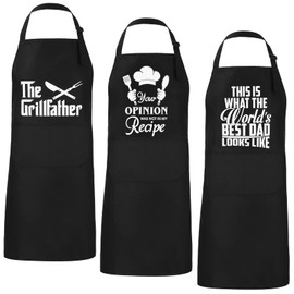 Newcotte 3 Pcs Men Father's Day Aprons Cooking Gifts for Men Dad Kitchen Aprons with Pockets Funny Cooking Chef Apron for Dad Husband Birthday Gifts from Daughter Son Grilling BBQ Baking, 3 Designs
