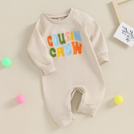 Honganda Infant Baby Girl Boy Cousin Crew Jumpsuit Letters Embroidery Cousin Sweatshirt Romper Fall Winter Playsuit Outfit, Apricot, 6-12 Months