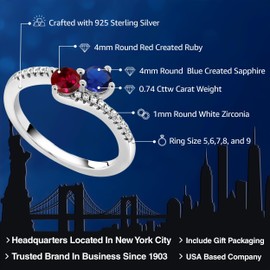 Gem Stone King 925 Sterling Silver Blue Created Sapphire and Red Created Ruby Bypass Ring For Women (0.74 Cttw, Gemstone September Birthstone, Round 4MM, Available In Size 5, 6, 7, 8, 9)