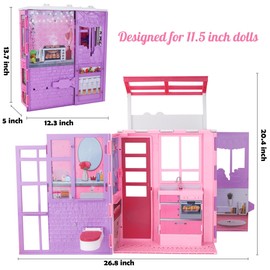 Doll House for 11.5-inch Dolls, 2-Story Foldable Dollhouse with 37 pcs Furnitures & Accessories, Playhouse with Pet House, Gifts for Girls Kids Toddlers