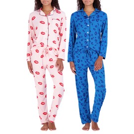 Real Essentials 2 Pack: Women's Long Sleeve Button Up Pajama Set Plus Size Just My Winter Christmas Warm PJ Soft Ladies Sleep Night Lounge Notch Collar Top Pants Bottoms Women Satin Sets-SET10, 1X